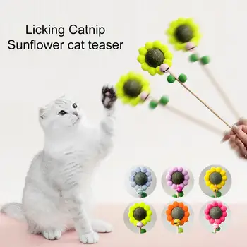 Пръчка-закачка за котки с камбана и помпоном във формата на цвете, дървена дръжка, за подобряване на храносмилането, храна за коте, на топчета от коча билка, играчка-пръчка за котки, стоки за домашни любимци