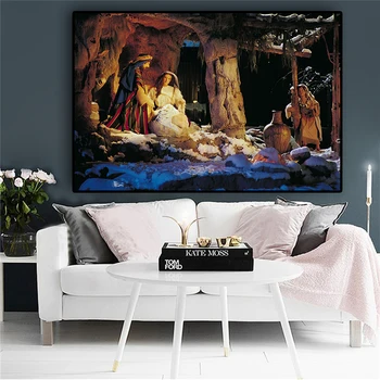 Раждането на Исус е Живопис с маслени бои върху платно, Постери и щампи Коледна религиозна скандинавски стенни художествена картина за хола