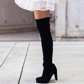 Стрейчевые велурени ботуши над коляното, женски слипоны, тънки дълги ботуши в черен цвят с висок ток, дамски модни обувки дантела с пеперуда и възел