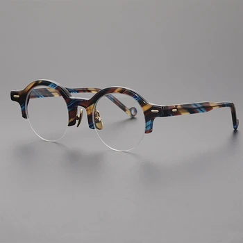 Японската класика ръчно изработени рамки от ацетат стъкло, мъжки ретро Малка кръгла дограма, Полукадровая рамки, Рамки за очила от висока степен на късогледство